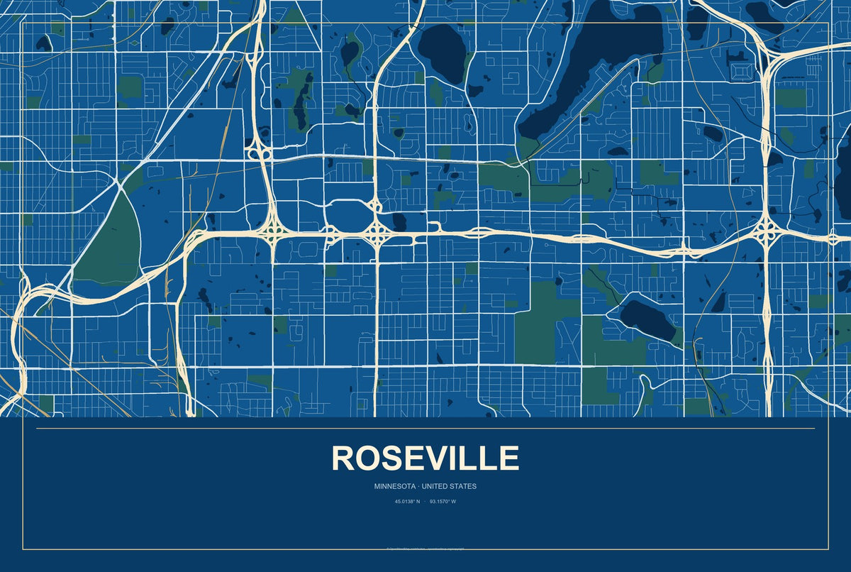 Roseville, Minnesota City Map Aluminum Sign in Harbor Cobalt style