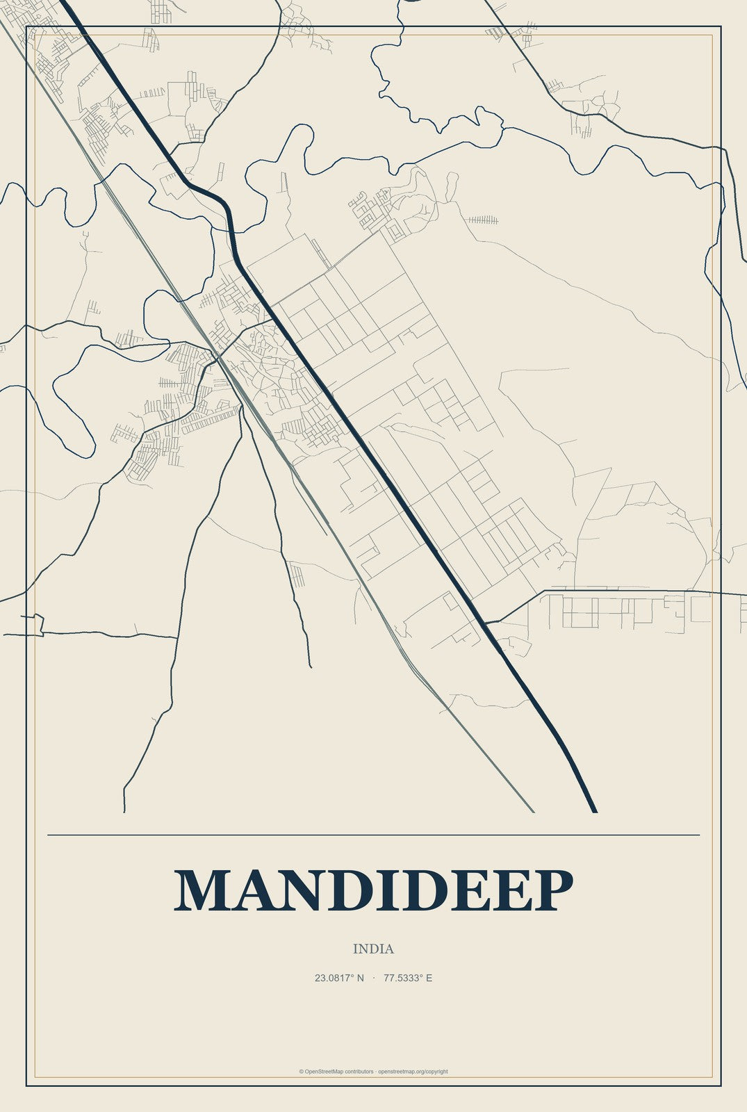 Mandideep, India City Map Aluminum Sign in Coastal Cutout style