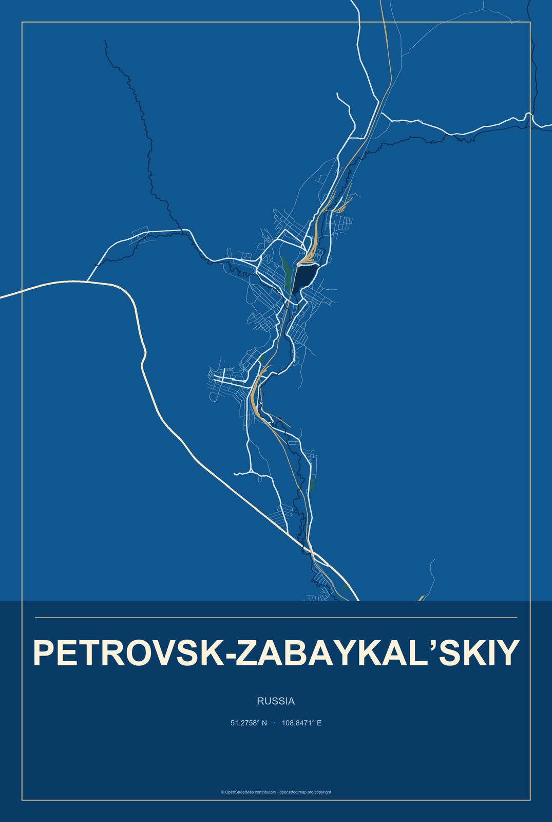 Petrovsk-Zabaykal’skiy, Russia City Map Aluminum Sign in Harbor Cobalt style