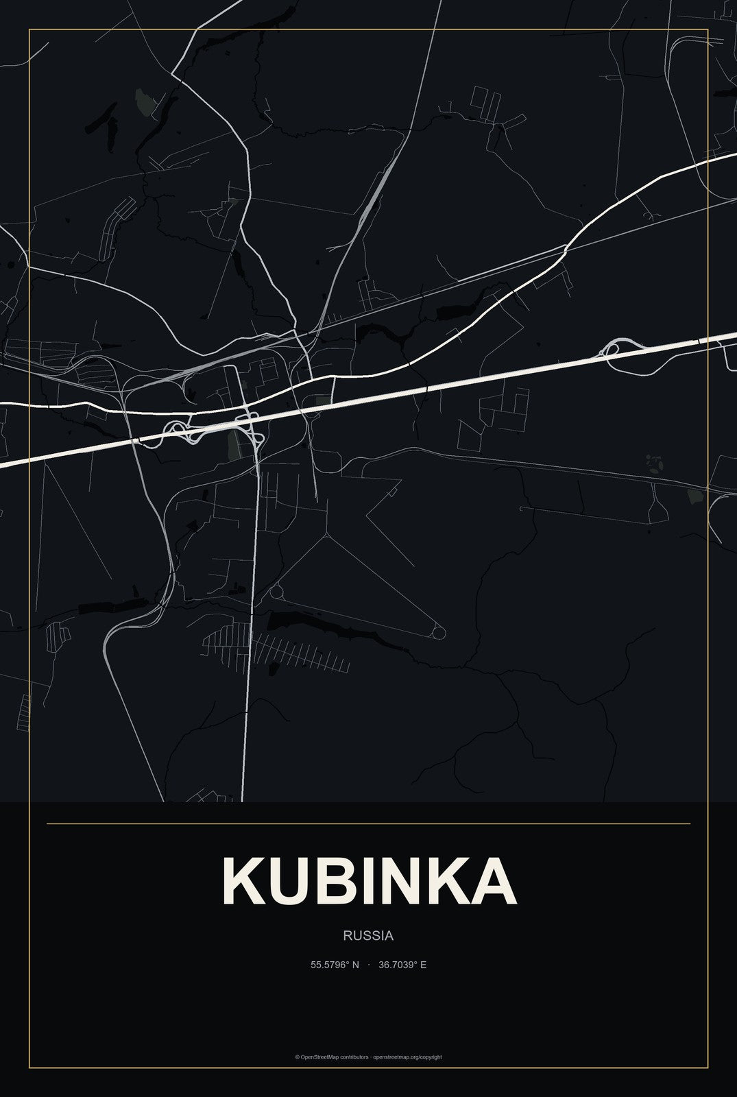 Kubinka, Russia City Map Aluminum Sign in Metropolitan Noir style