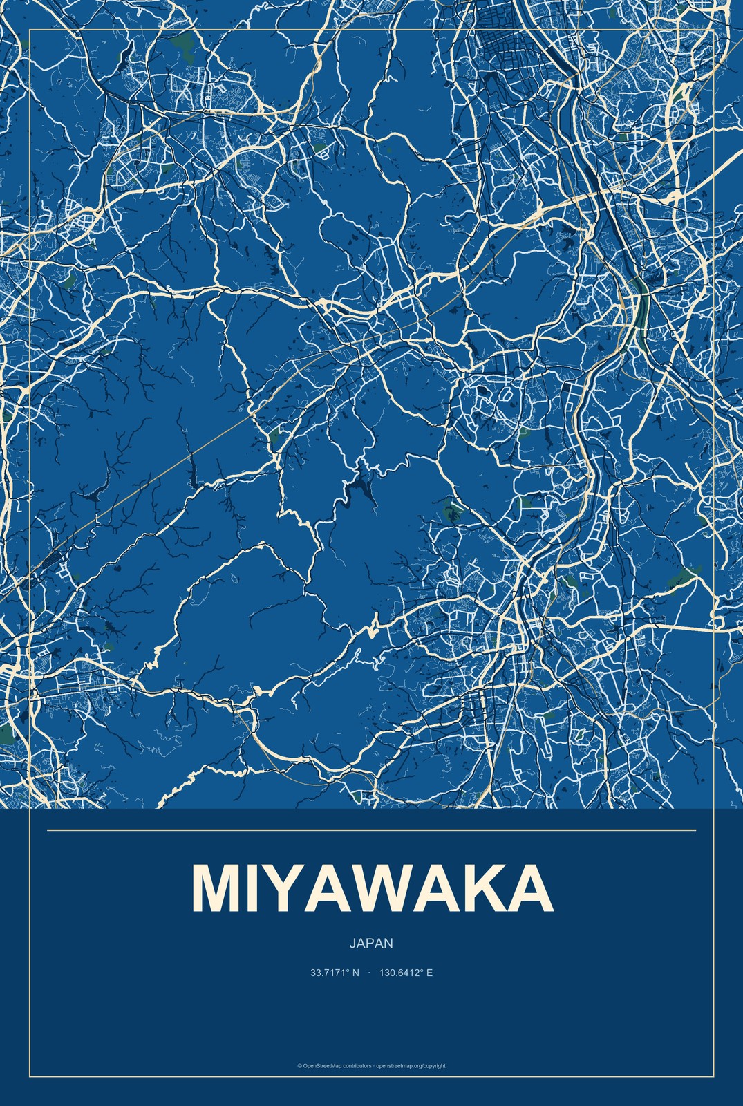 Miyawaka, Japan City Map Aluminum Sign in Harbor Cobalt style
