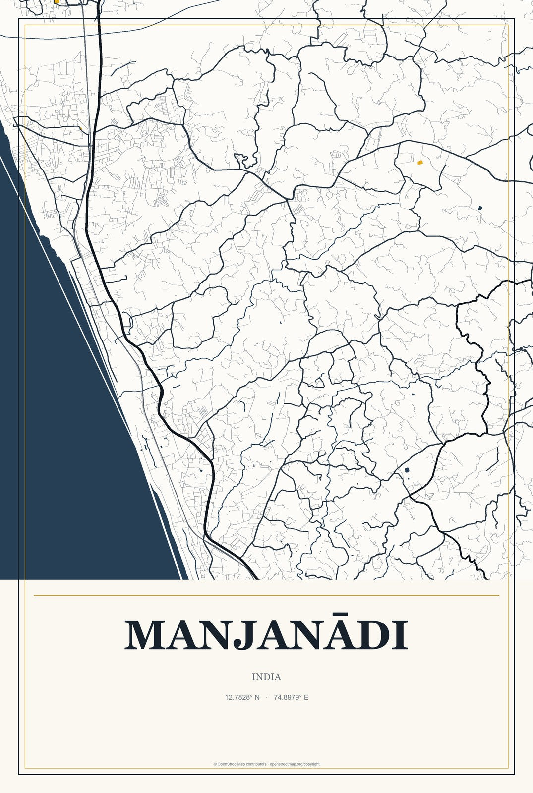 Manjanādi, India City Map Aluminum Sign in Citrine Modern style