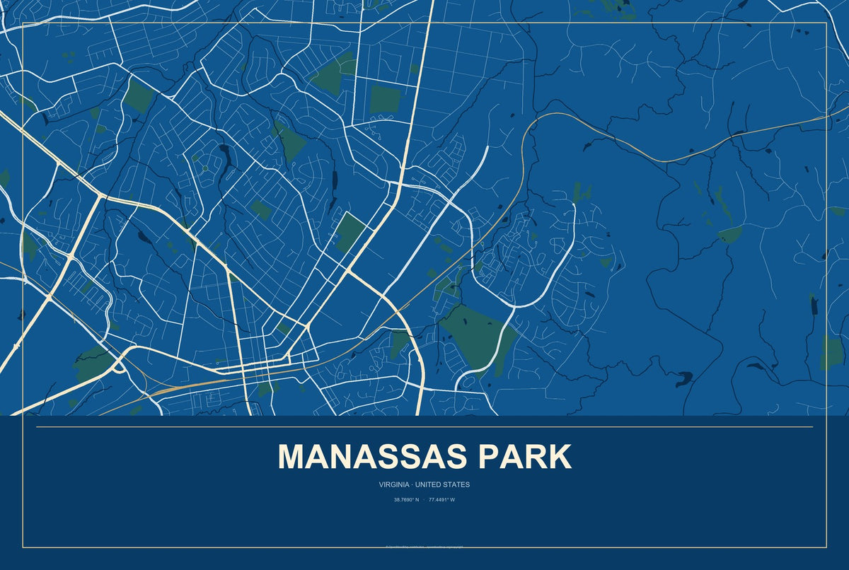 Manassas Park, Virginia City Map Aluminum Sign in Harbor Cobalt style