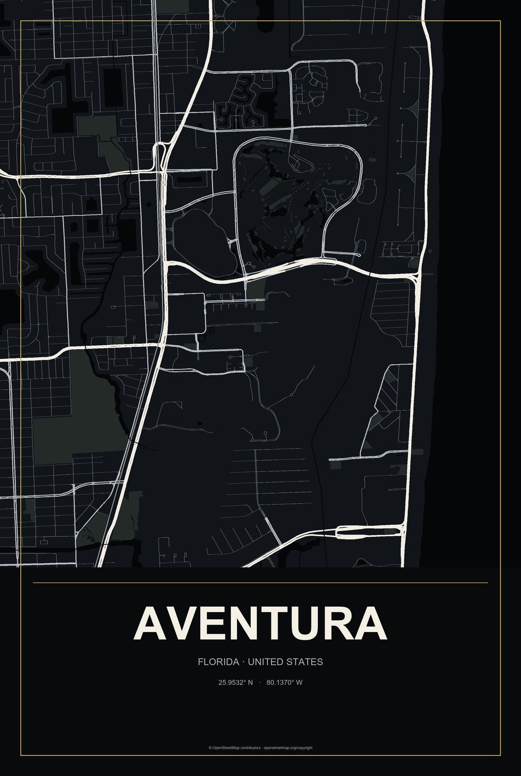 Aventura, Florida City Map Aluminum Sign in Metropolitan Noir style