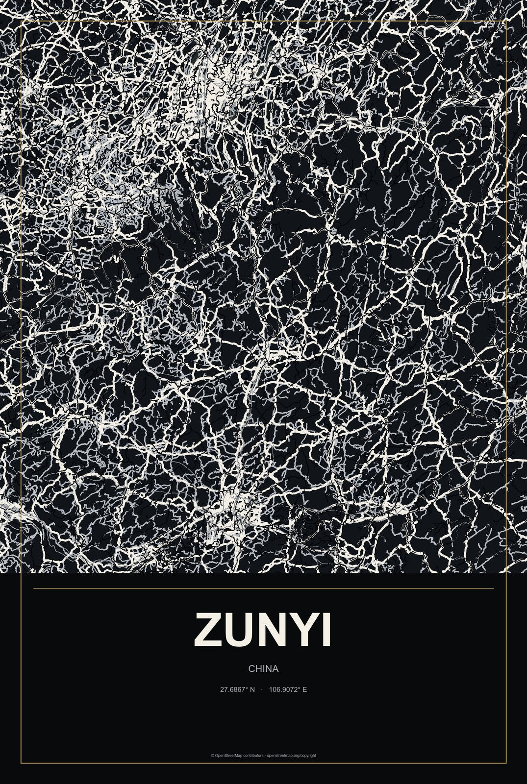 Zunyi, China City Map Aluminum Sign in Metropolitan Noir style