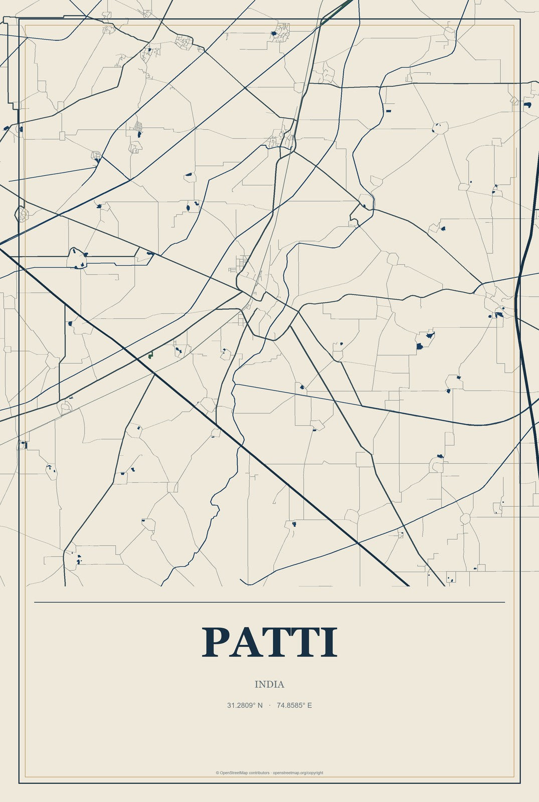 Patti, India City Map Aluminum Sign in Coastal Cutout style