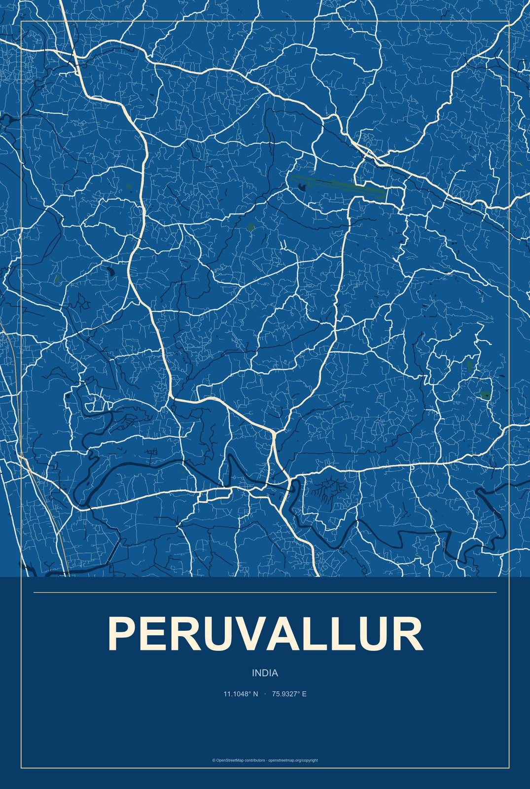 Peruvallur, India City Map Aluminum Sign in Harbor Cobalt style