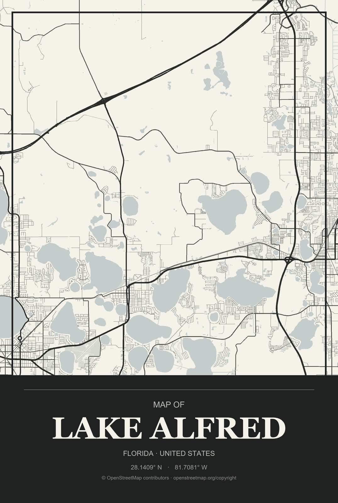 Lake Alfred, Florida City Map Aluminum Sign in Museum Plaque style