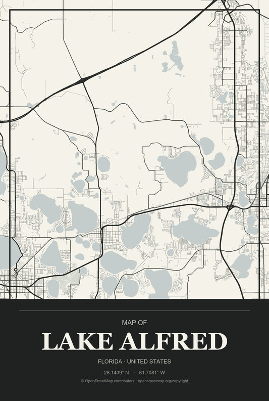Lake Alfred, Florida City Map Aluminum Sign in Museum Plaque style