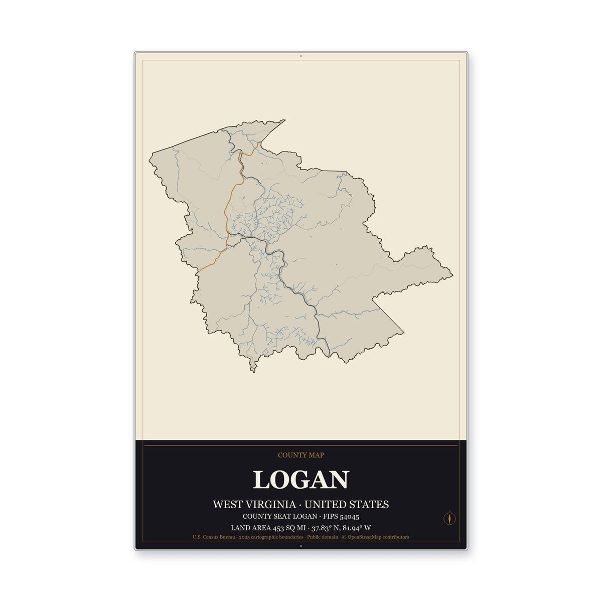 Logan County, West Virginia Map Aluminum Sign in Museum Plaque style