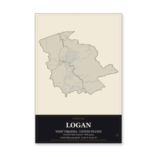 Logan County, West Virginia Map Aluminum Sign in Museum Plaque style