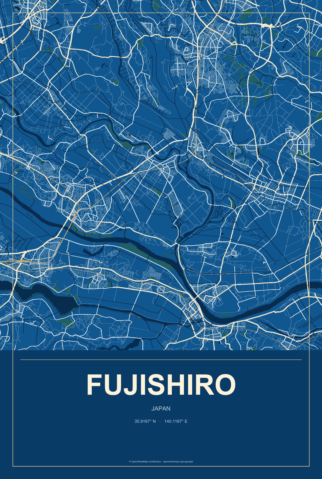 Fujishiro, Japan City Map Aluminum Sign in Harbor Cobalt style