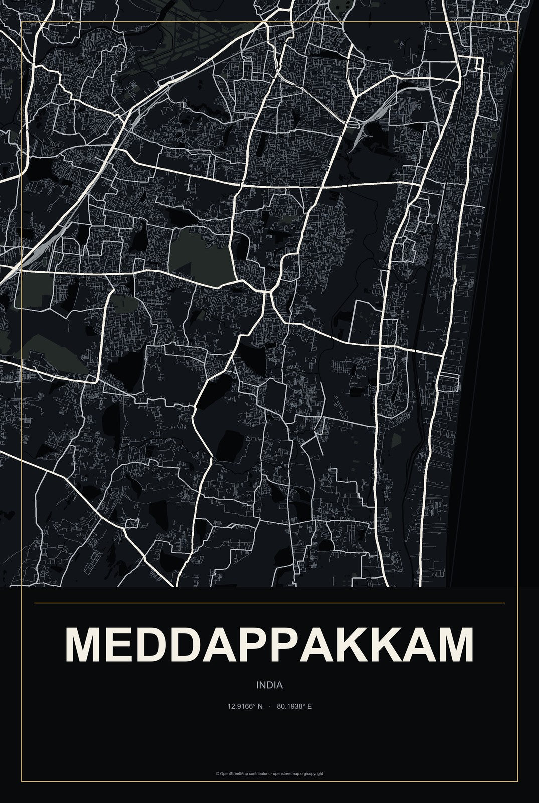 Meddappakkam, India City Map Aluminum Sign in Metropolitan Noir style