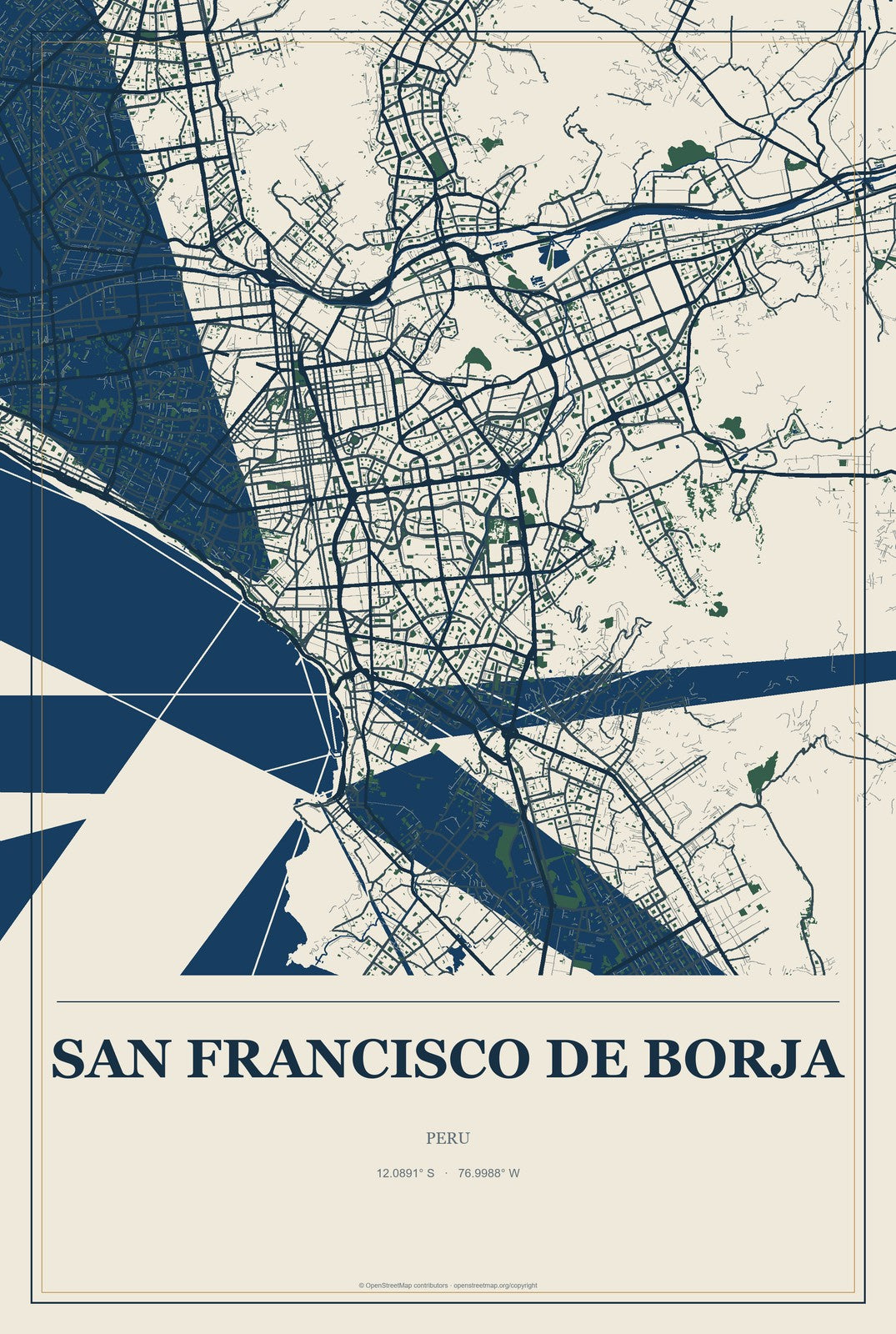 San Francisco De Borja, Peru City Map Aluminum Sign in Coastal Cutout style