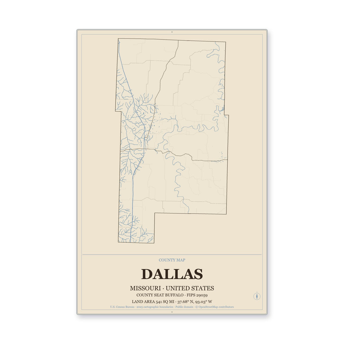 Dallas County, Missouri Map Aluminum Sign in Heritage Nautical style