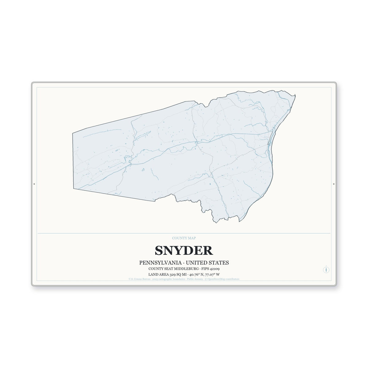Snyder County, Pennsylvania Map Aluminum Sign in Gallery Air style