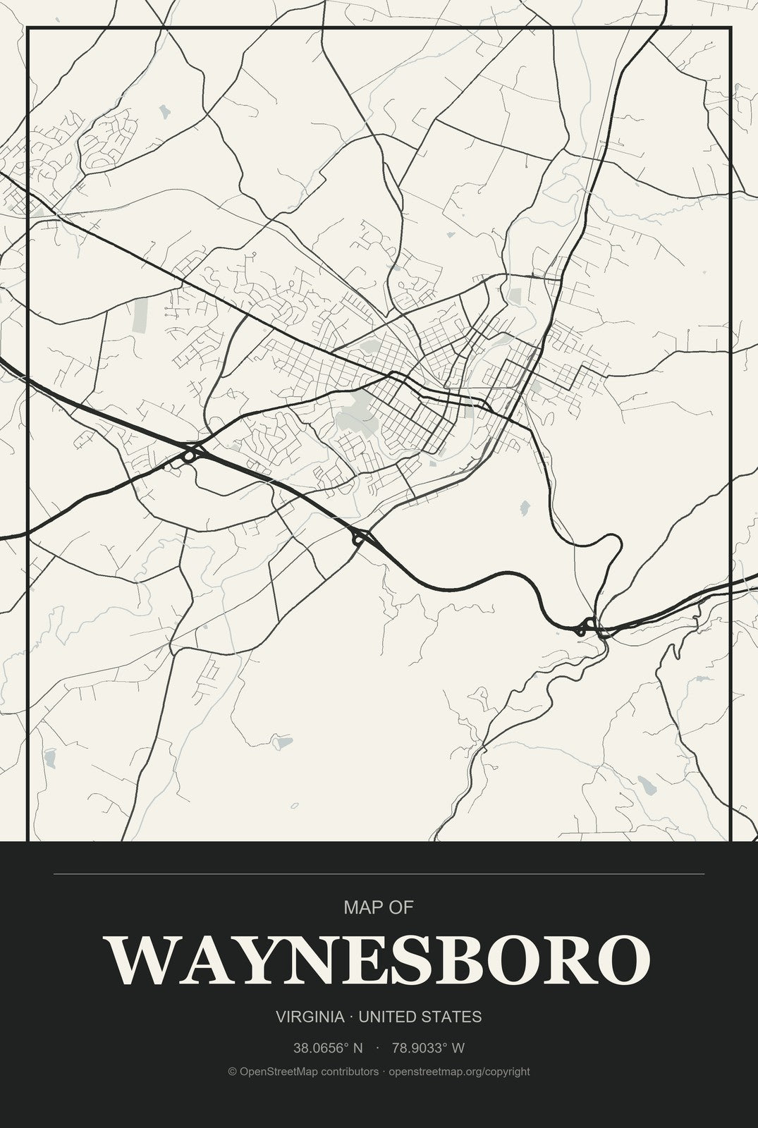 Waynesboro, Virginia City Map Aluminum Sign in Museum Plaque style
