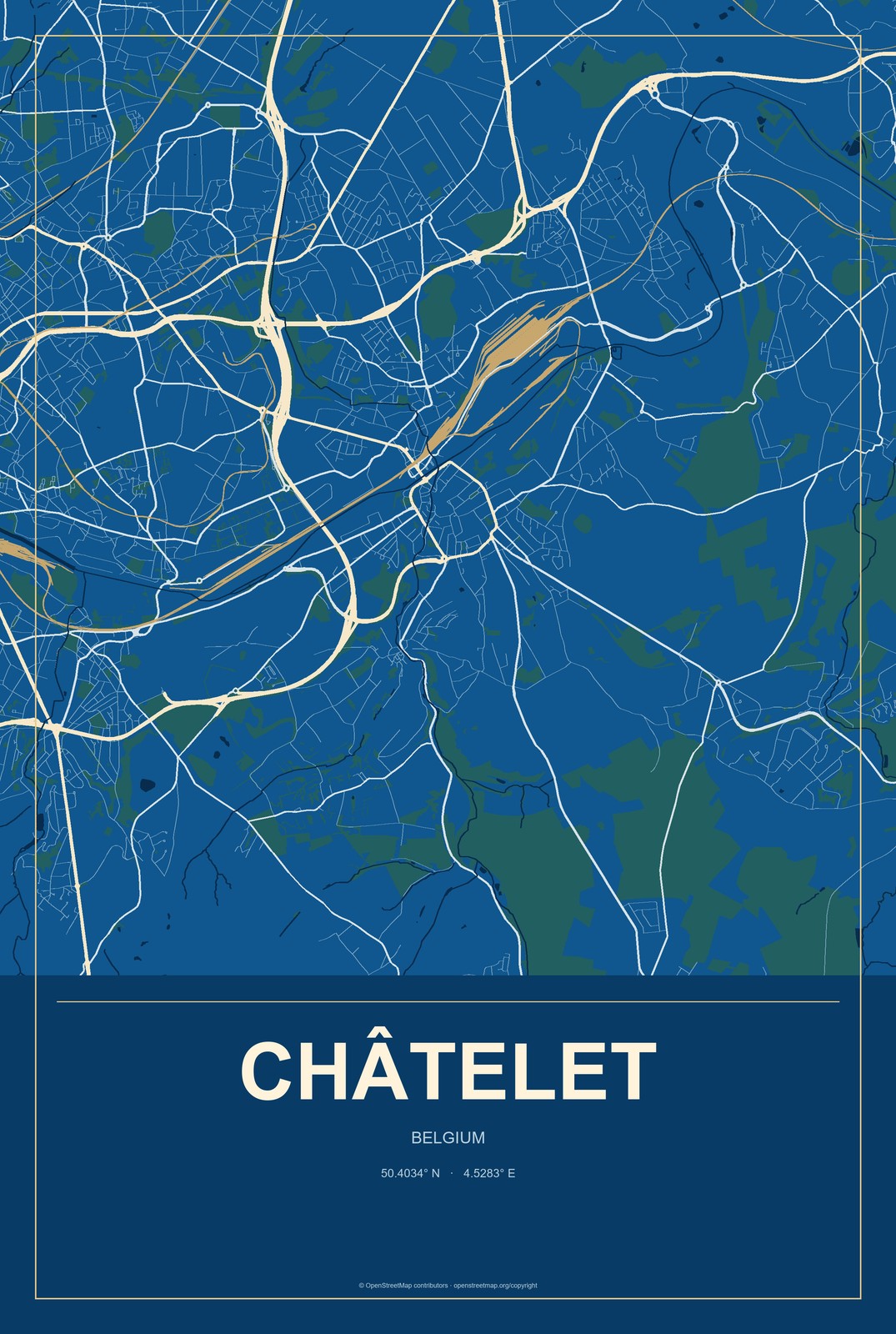Châtelet, Belgium City Map Aluminum Sign in Harbor Cobalt style
