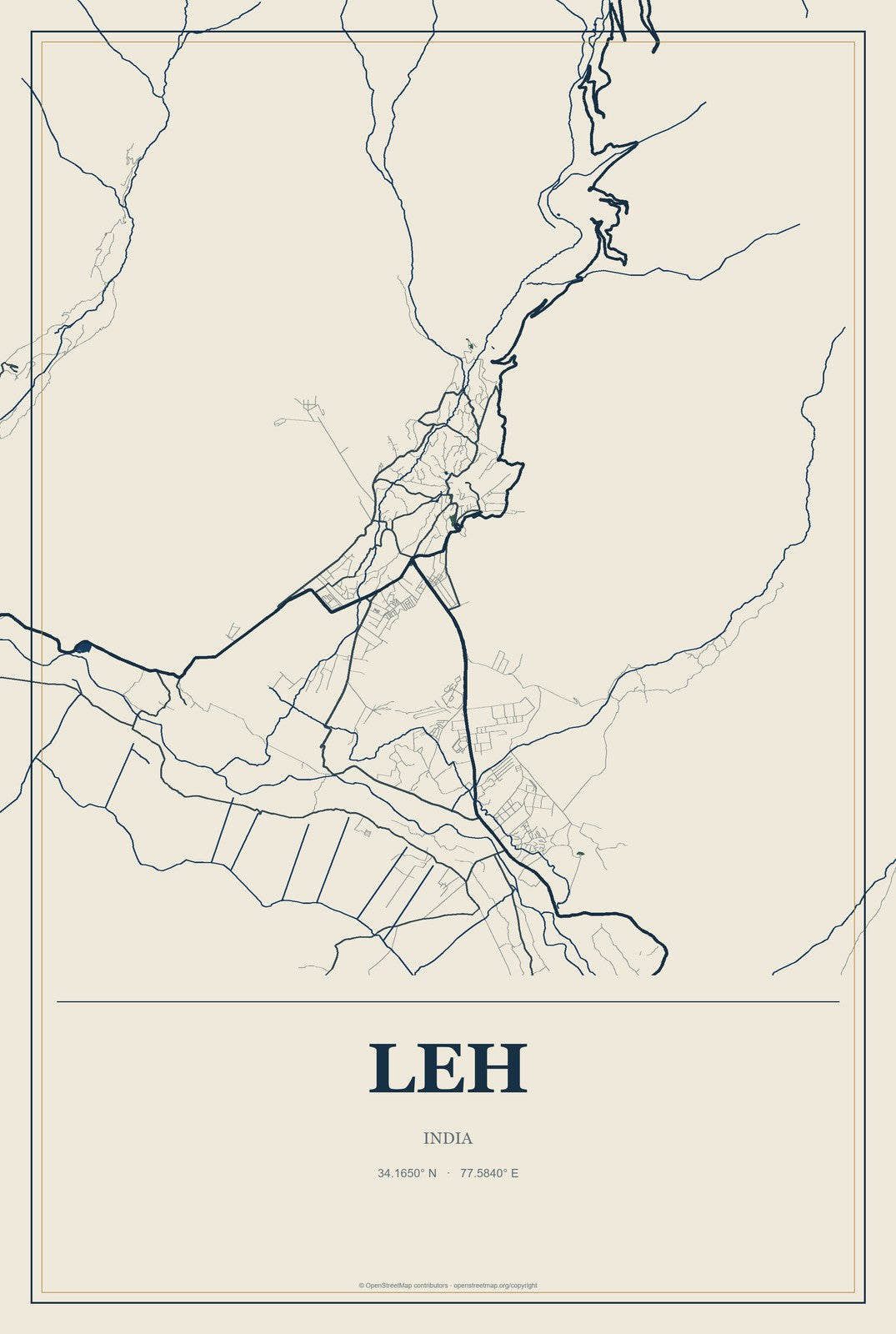 Leh, India City Map Aluminum Sign in Coastal Cutout style
