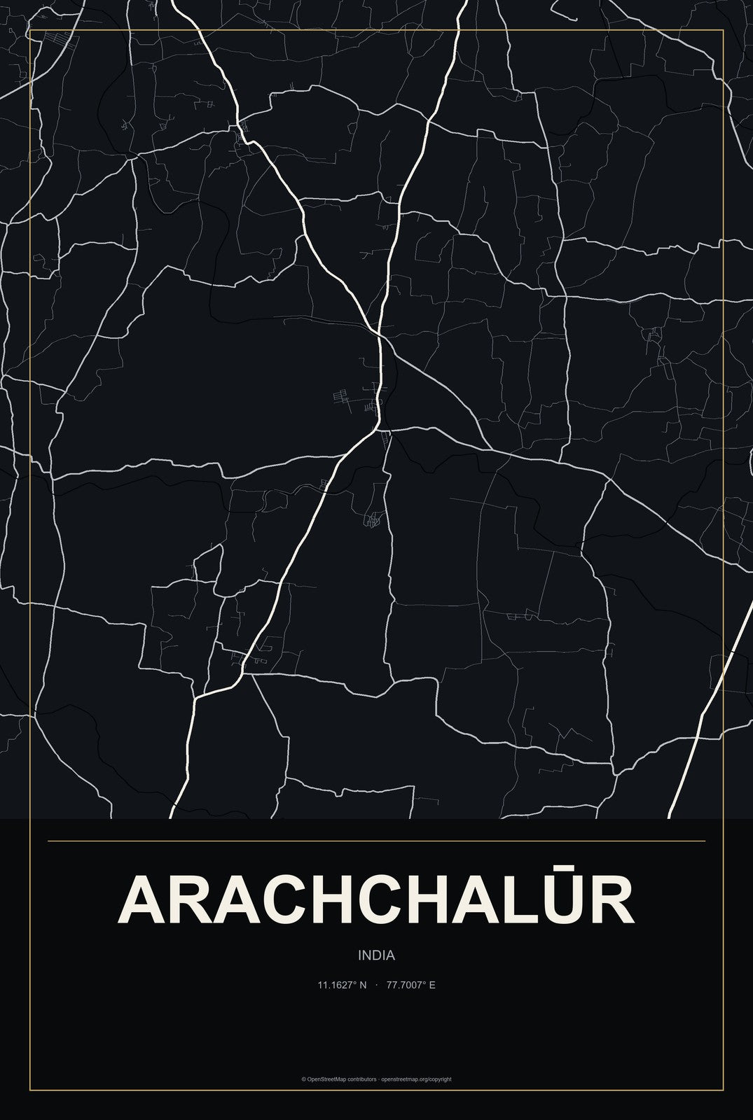 Arachchalūr, India City Map Aluminum Sign in Metropolitan Noir style