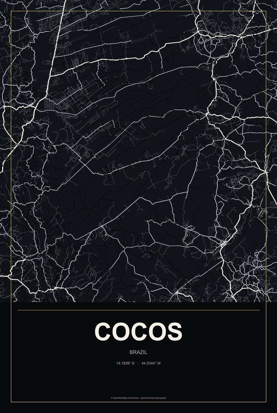 Cocos, Brazil City Map Aluminum Sign in Metropolitan Noir style