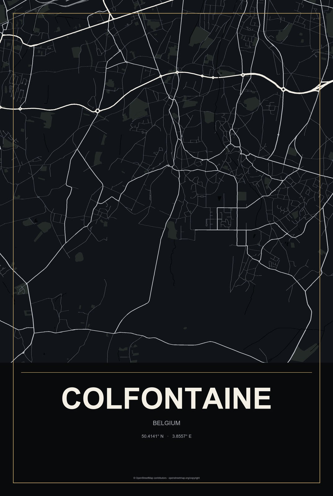 Colfontaine, Belgium City Map Aluminum Sign in Metropolitan Noir style