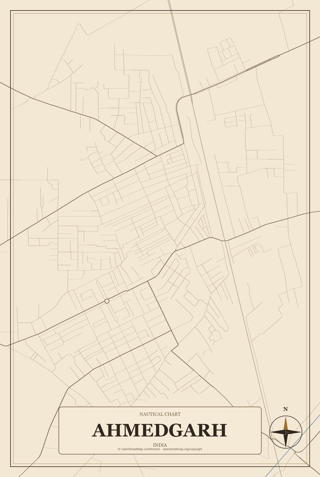 Ahmedgarh, India City Map Aluminum Sign in Heritage Nautical style