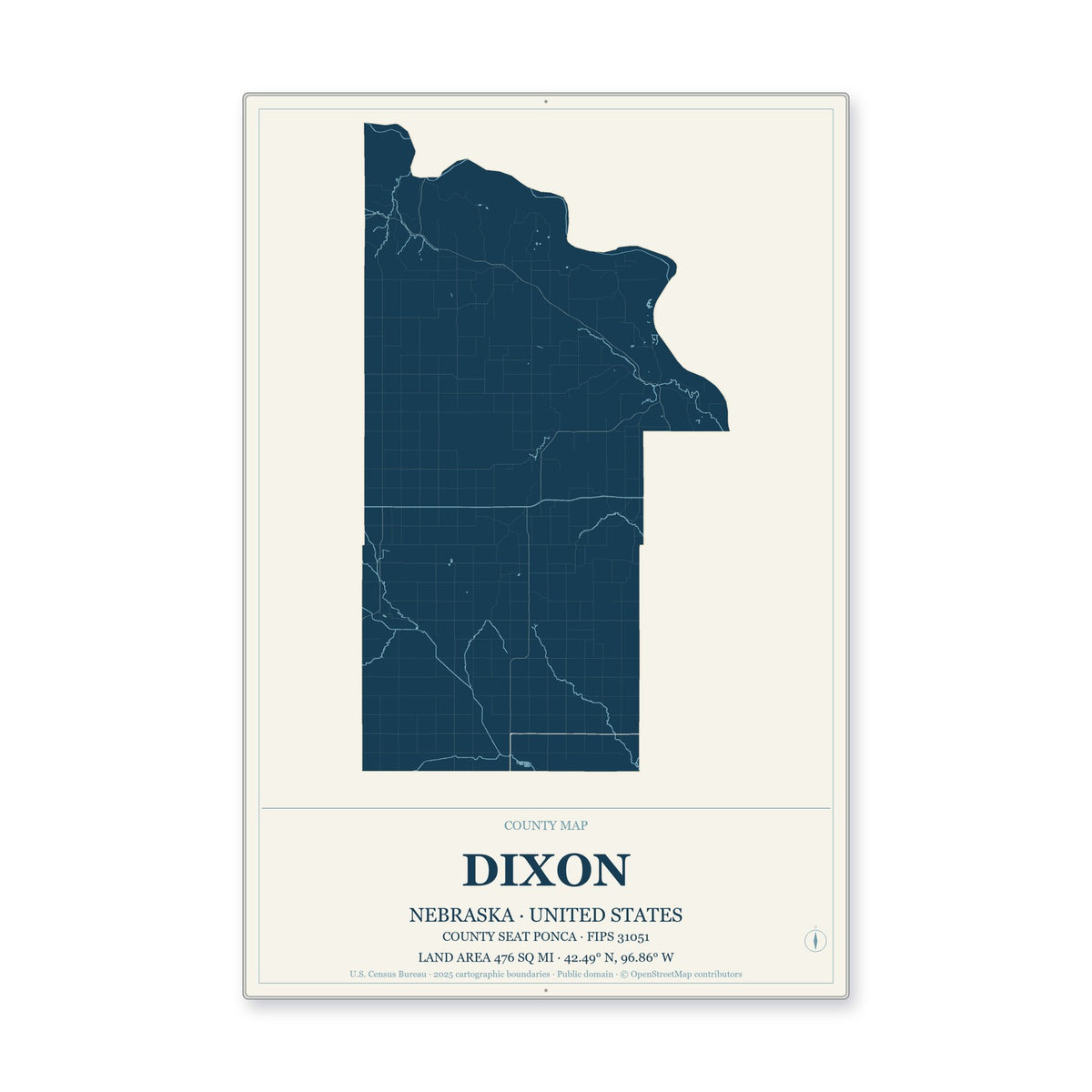 Dixon County, Nebraska Map Aluminum Sign in Coastal Cutout style