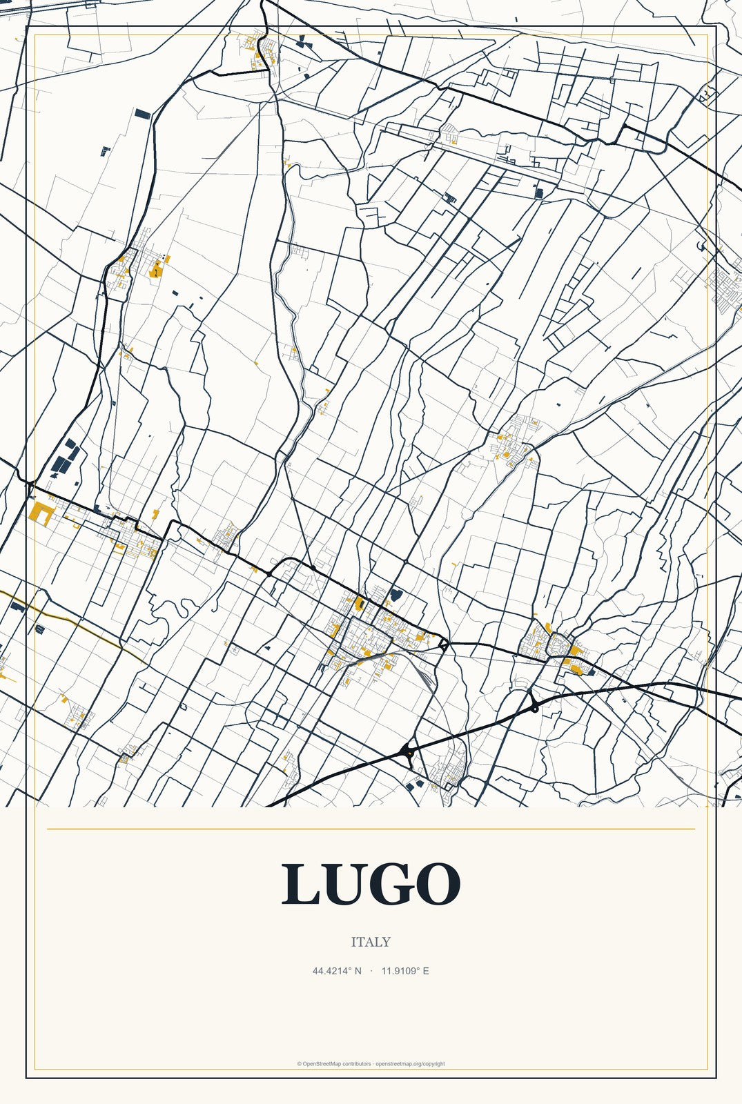 Lugo, Italy City Map Aluminum Sign in Citrine Modern style
