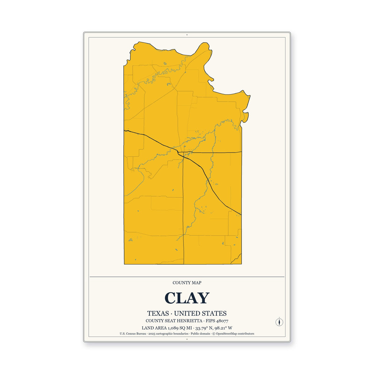 Clay County, Texas Map Aluminum Sign in Citrine Modern style