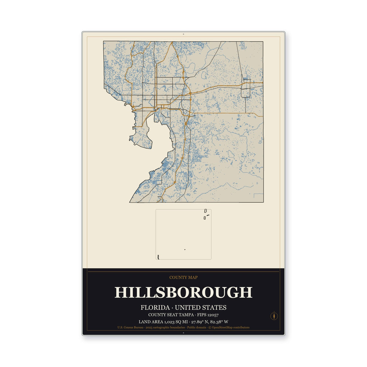 Hillsborough County, Florida Map Aluminum Sign in Museum Plaque style