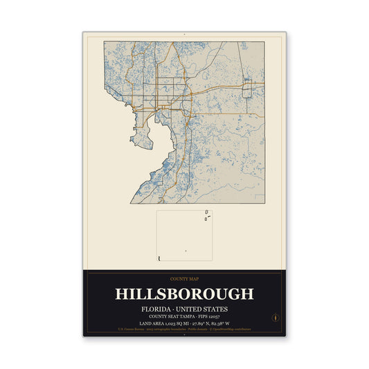 Hillsborough County, Florida Map Aluminum Sign in Museum Plaque style
