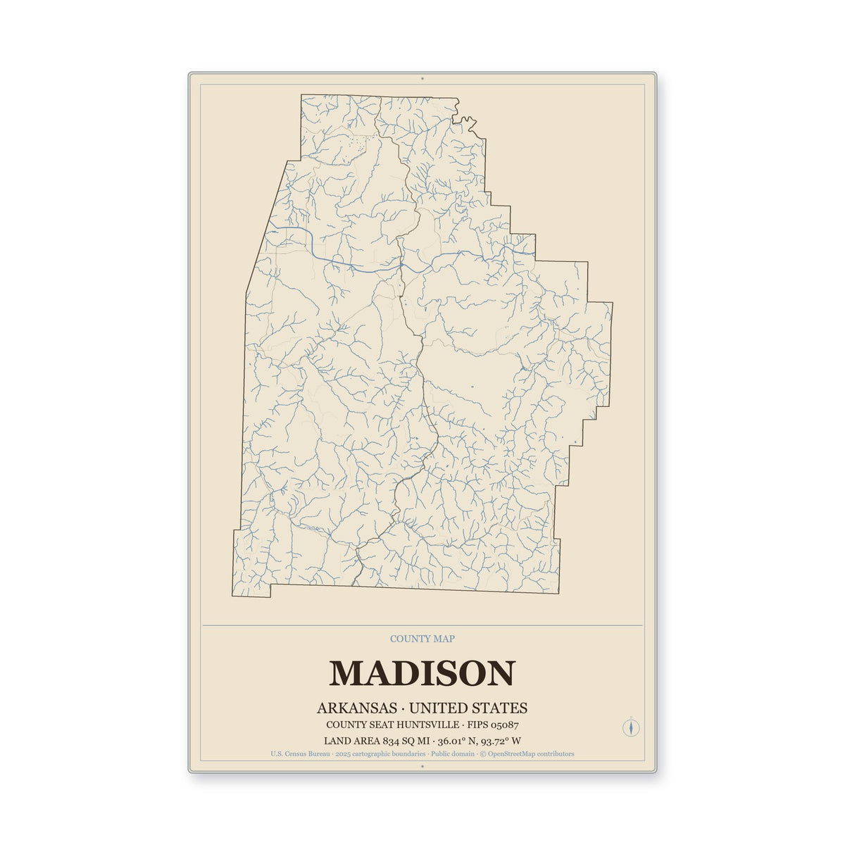 Madison County, Arkansas Map Aluminum Sign in Heritage Nautical style