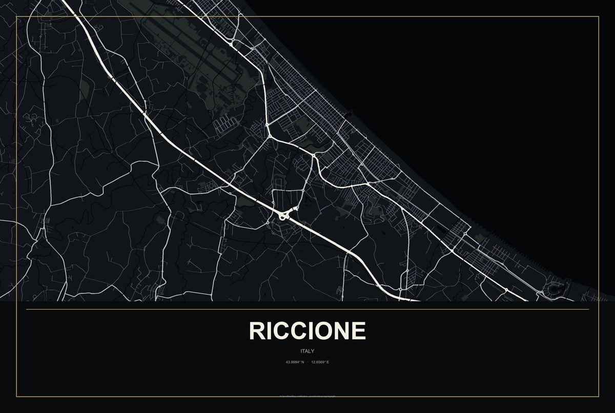 Riccione, Italy City Map Aluminum Sign in Metropolitan Noir style
