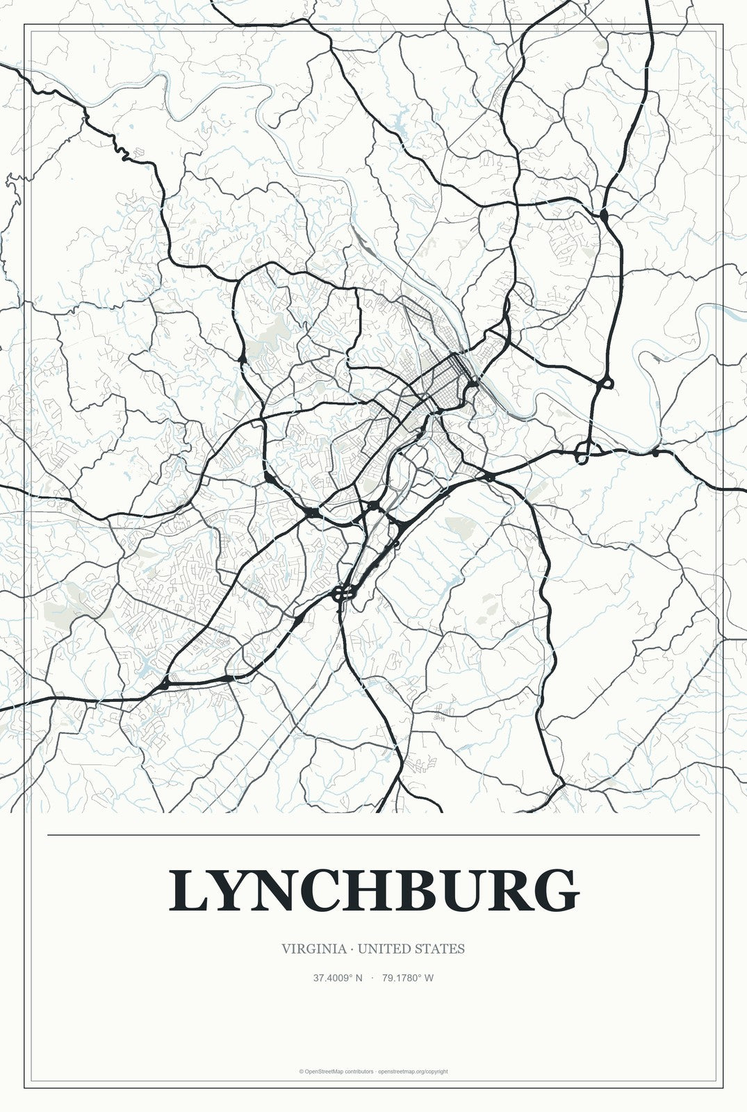 Lynchburg, Virginia City Map Aluminum Sign in Gallery Air style