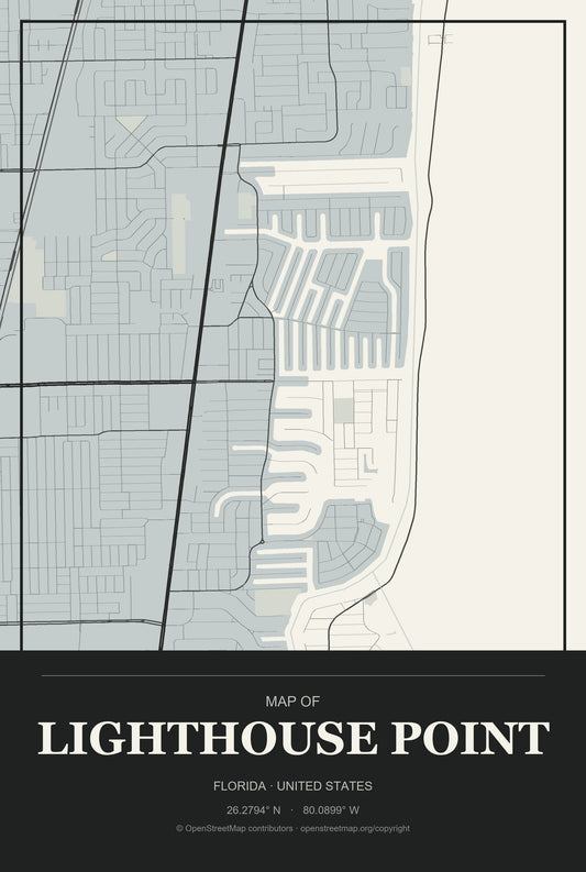Lighthouse Point, Florida City Map Aluminum Sign in Museum Plaque style