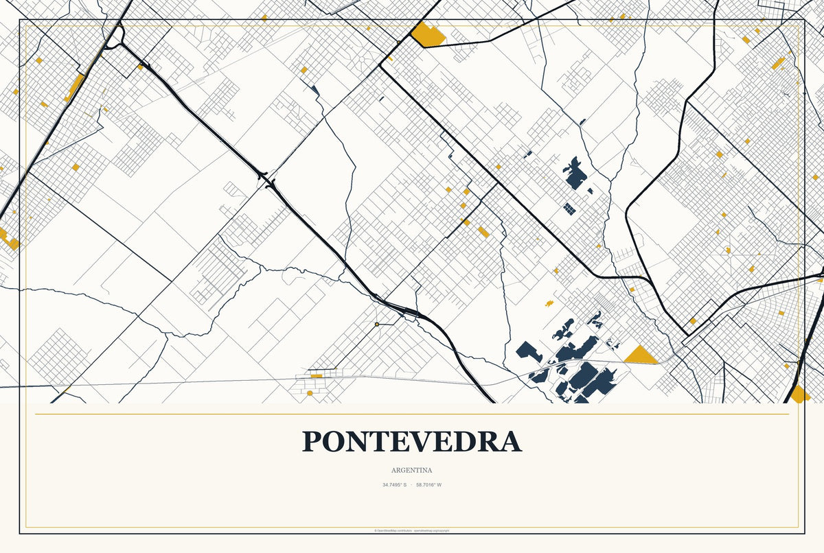 Pontevedra, Argentina City Map Aluminum Sign in Citrine Modern style