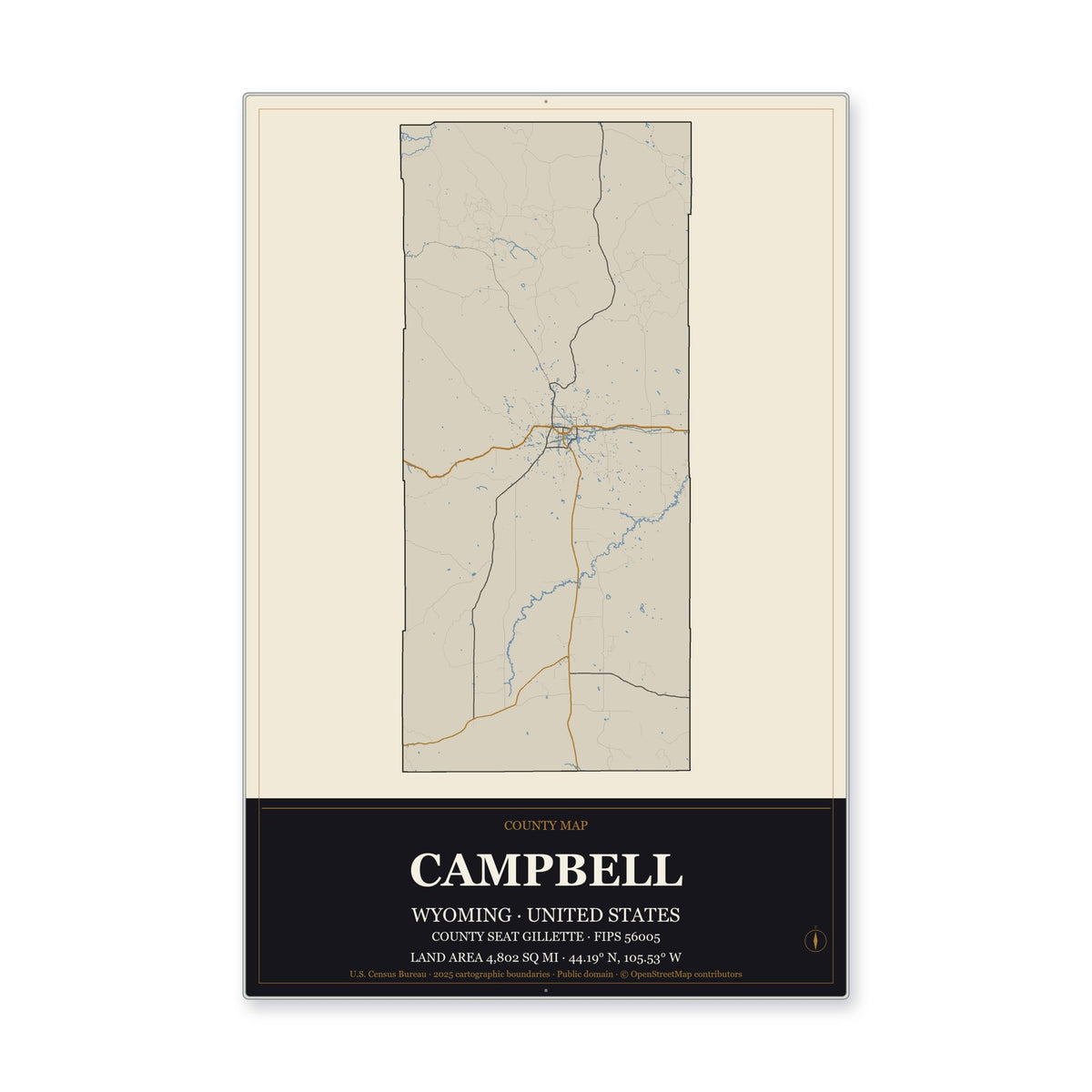 Campbell County, Wyoming Map Aluminum Sign in Museum Plaque style