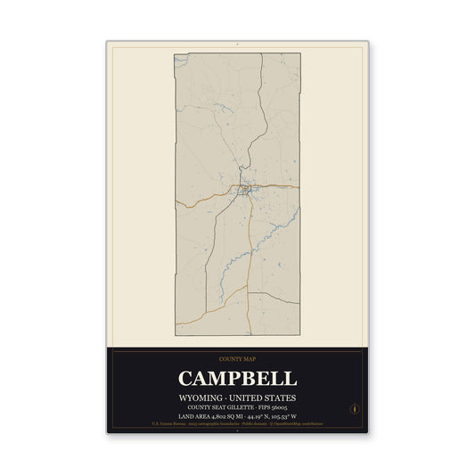 Campbell County, Wyoming Map Aluminum Sign in Museum Plaque style