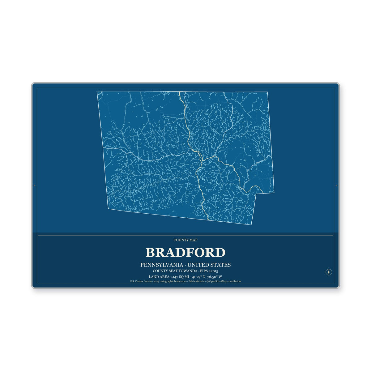 Bradford County, Pennsylvania Map Aluminum Sign in Harbor Cobalt style