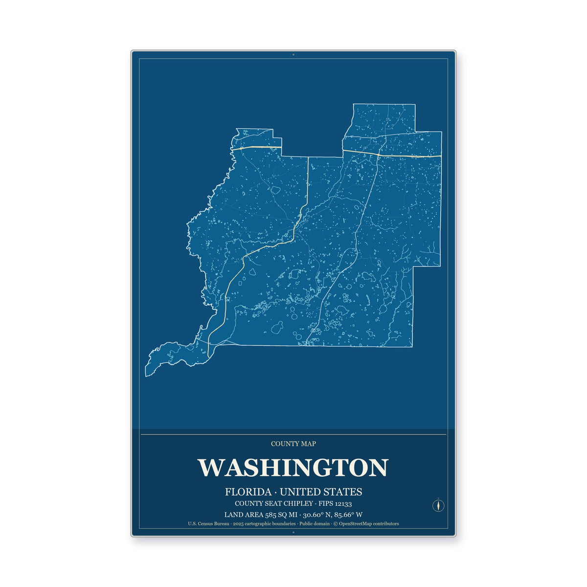 Washington County, Florida Map Aluminum Sign in Harbor Cobalt style
