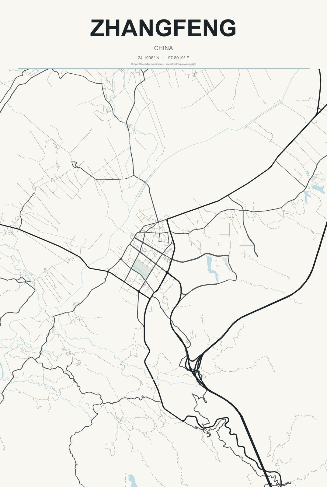 Zhangfeng, China City Map Aluminum Sign in Headline Atlas style