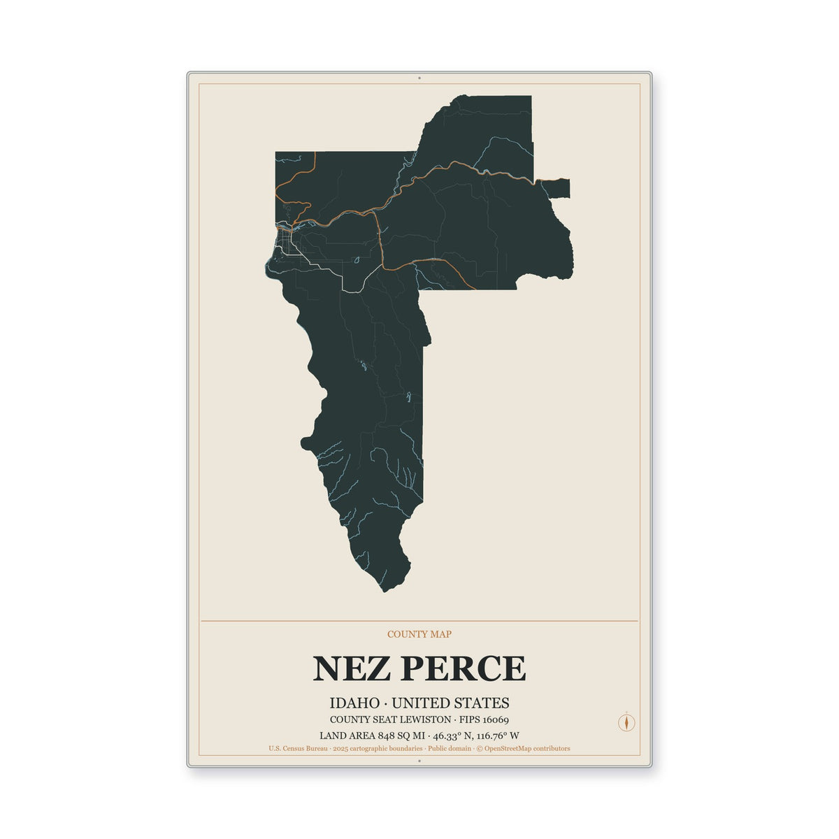 Nez Perce County, Idaho Map Aluminum Sign in Headline Atlas style