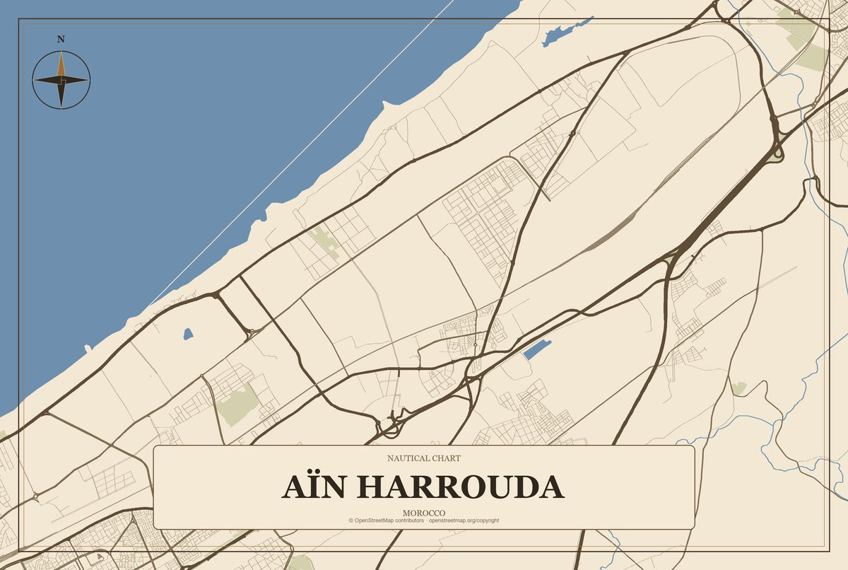 Aïn Harrouda, Morocco City Map Aluminum Sign in Heritage Nautical style