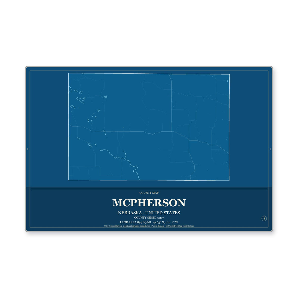 McPherson County, Nebraska Map Aluminum Sign in Harbor Cobalt style