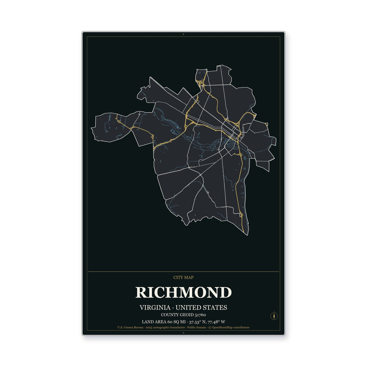 Richmond city, Virginia Map Aluminum Sign in Metropolitan Noir style