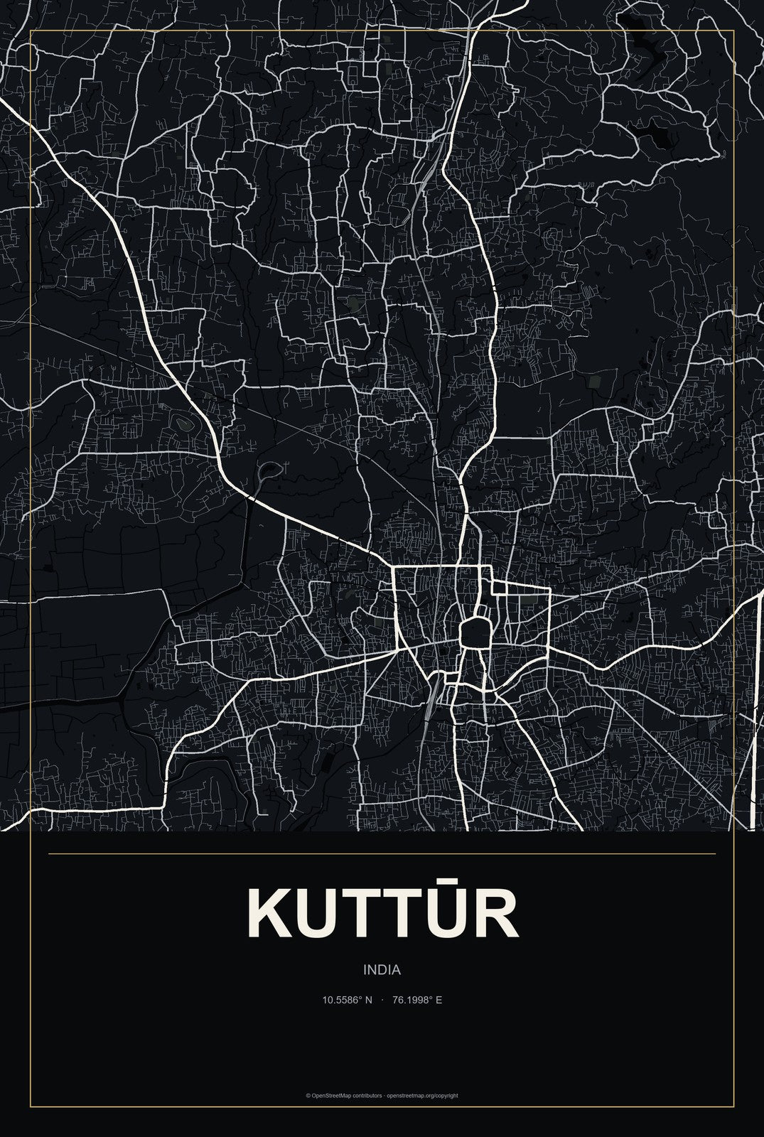 Kuttūr, India City Map Aluminum Sign in Metropolitan Noir style