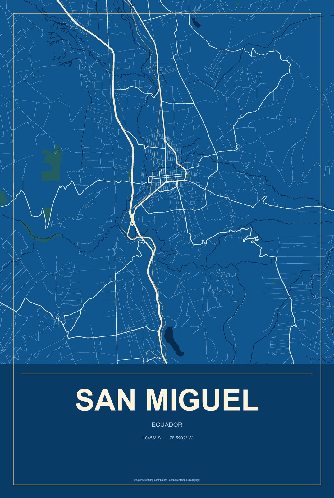 San Miguel, Ecuador City Map Aluminum Sign in Harbor Cobalt style