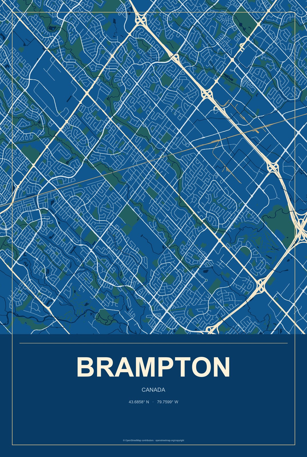 Brampton, Canada City Map Aluminum Sign in Harbor Cobalt style