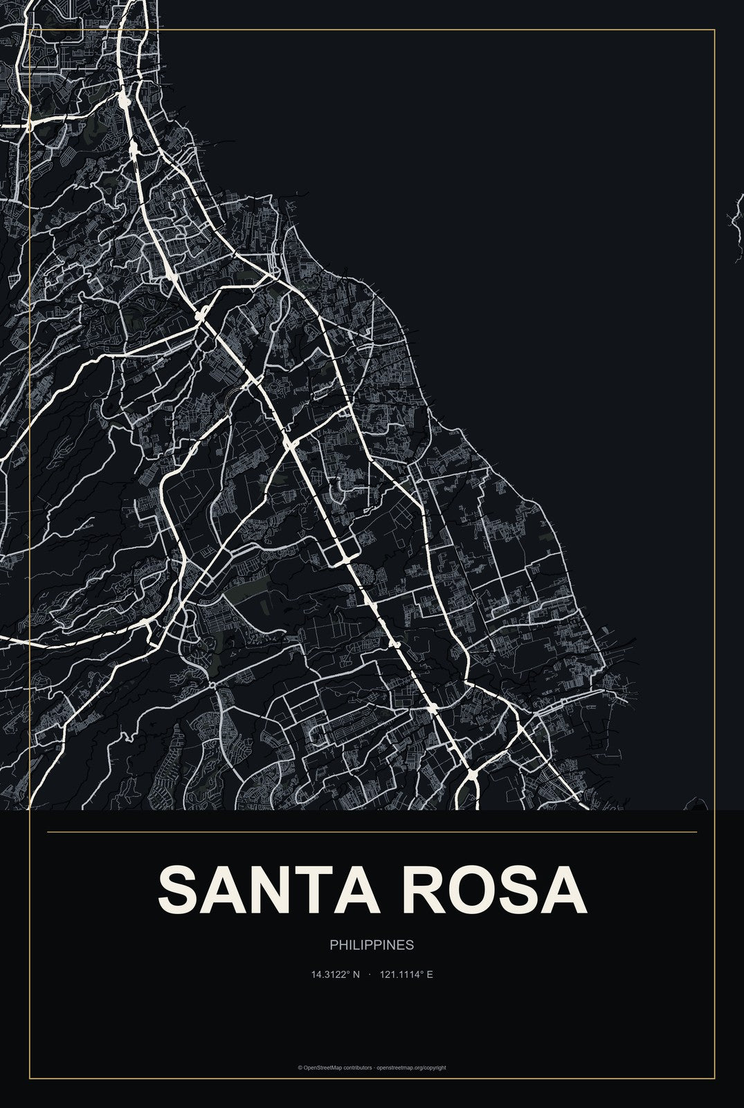 Santa Rosa, Calabarzon, Philippines City Map Aluminum Sign in Metropolitan Noir style